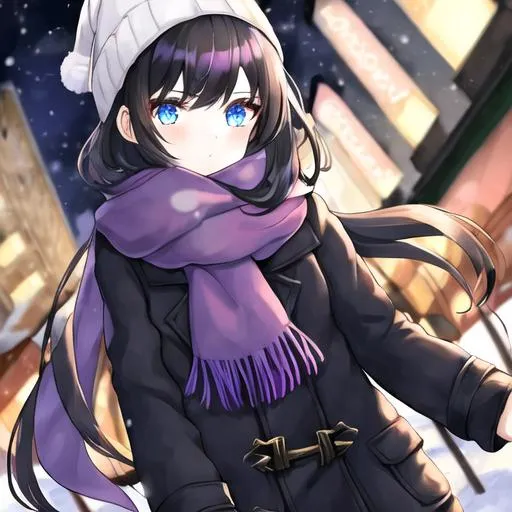 Prompt: A girl, brown and blue eyes, black hair, pale skin, purple scarf, winter clothing outside on a winter night street.
