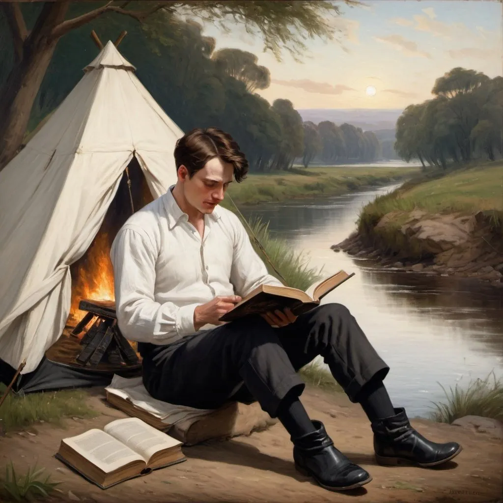 Prompt: Victorian painting of a man sitting near a river. He is reading a book. He is wearing a white linen shirt with black wool pants and boots. He has short brown hair. Apparent brush strokes. We can see a fire and a tent. 