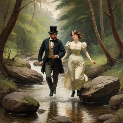 Prompt: Victorian painting of a woman and man in a forest. Apparent brush strokes. They are walking across a stream by jumping on rocks. 