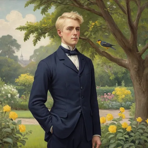 Prompt: Victorian painting of a man standing in a garden. He is wearing a navy wool suit and has short blond hair. Apparent brush strokes. We can see a yellow bird in a tree.