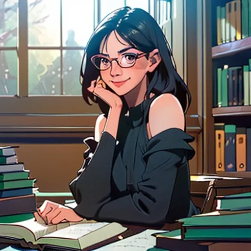 Prompt: Woman with dark shoulder length hair. Eyeglasses. Smiling. Library.