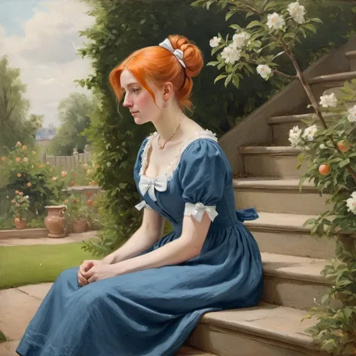 Prompt: Victorian painting of a woman sitting on stairs, in an garden. She is wearing a blue linen dress with a white bow and her orange hair in a chignon. Apparent brush strokes. We can see a small apple tree in bloom.