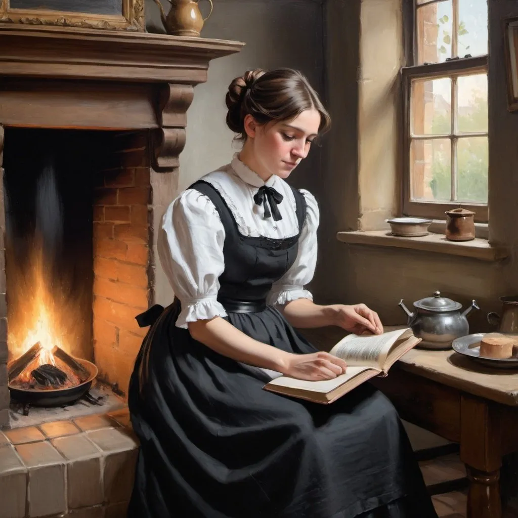 Prompt: Victorian painting of a maid sitting in a kitchen reading a book. She is wearing a black linen dress with an apron and her brown hair in a chignon. Apparent brush strokes. We can see a fireplace with a cauldron.  