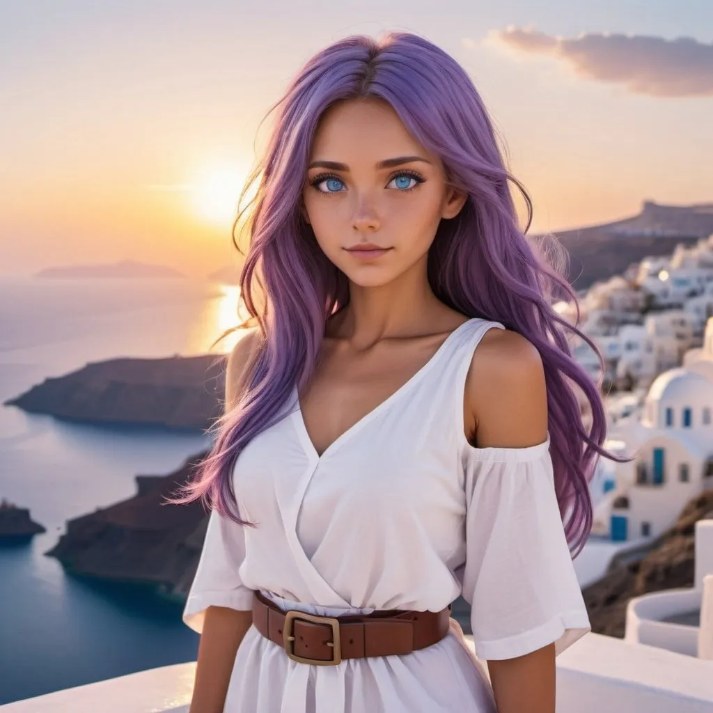 Prompt: Anime-style adventurer woman with long purple hair. She has tanned skin and blue eyes. She is wearing a short white tunic with a belt. She is in Santorini like city near the sea. There is a sunset. 