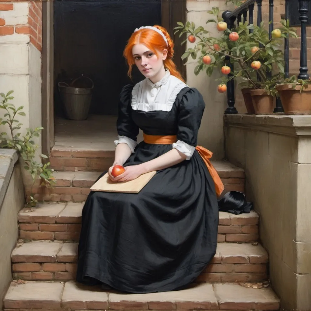 Prompt: Victorian painting of a maid sitting on stairs, in an alley. She is wearing a black linen dress with an apron and her orange hair in a chignon. Apparent brush strokes. We can see a small apple tree in bloom.