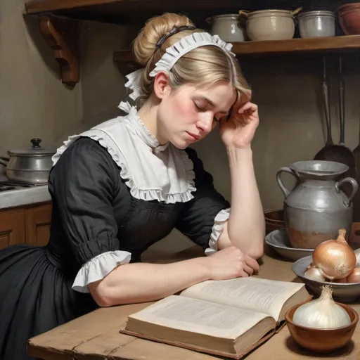 Prompt: Victorian painting of a maid sitting in a kitchen sleeping. Her head is rested on an open book on the table. She is wearing a black linen dress with an apron and her blond hair in a chignon. Apparent brush strokes. We can see onions on a table.  