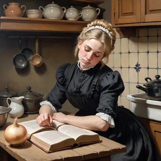 Prompt: Victorian painting of a maid sitting in a kitchen sleeping. Her head is rested on an open book on the table. She is wearing a black linen dress with an apron and her blond hair in a chignon. Apparent brush strokes. We can see onions on a table.  