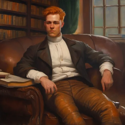 Prompt: Victorian painting of a man in a library. He is wearing a white linen shirt with  brown wool pants and brown boots. He has short orange hair. He is sitting on a leather couch. Apparent brush strokes.