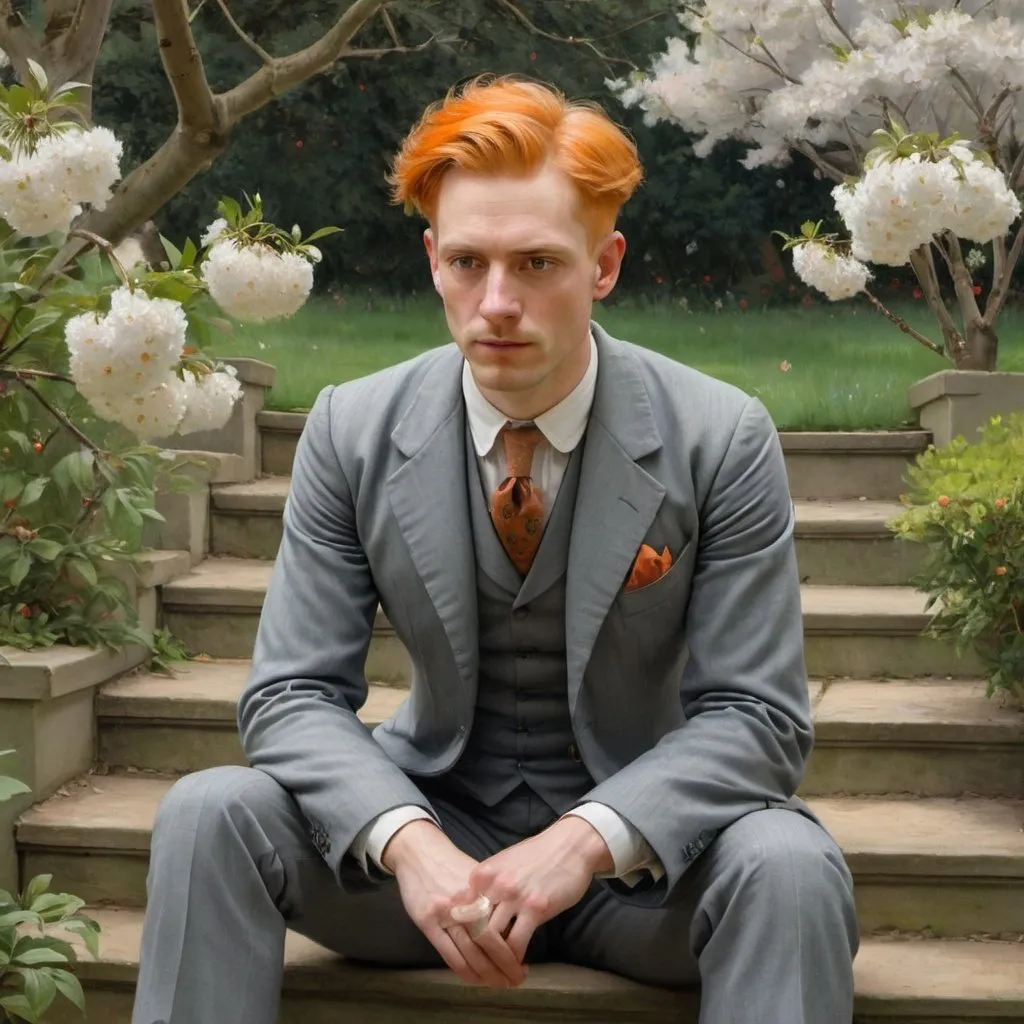 Prompt: Victorian painting of a man sitting on stairs, in an garden. He is wearing a Grey suit his orange hair is sleeked back. Apparent brush strokes. We can see a cherry tree in bloom.