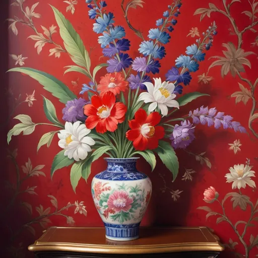 Prompt: Victorian painting of multicolored flower bouquet in a red ming vase. Apparent brush strokes. Wall has wallpaper with violet chinoiserie. 