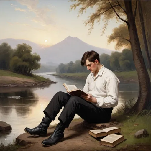 Prompt: Victorian painting of a man sitting near a river. He is reading a book. He is wearing a white linen shirt with black wool pants and boots. He has short brown hair. Apparent brush strokes. We can see a fire and a tent. 