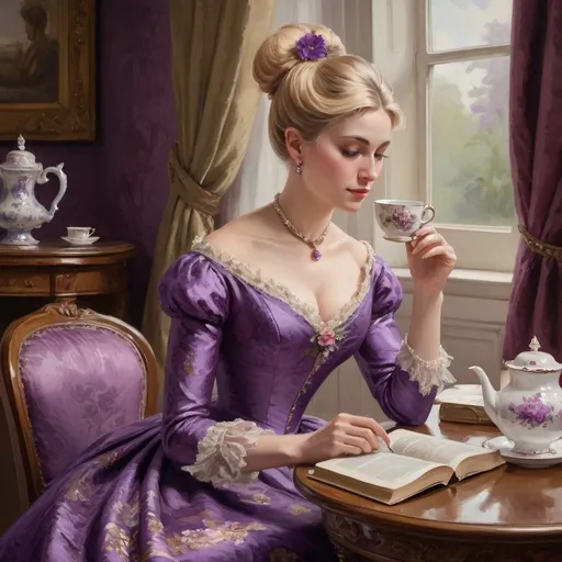 Prompt: Victorian painting of a woman sitting at a lavish table with a cup of tea.  She is looking at a book. She is wearing a purple brocade dress with blonde hair in a chignon. Apparent brush strokes. We can see a door with a white handle with painted flowers on it.