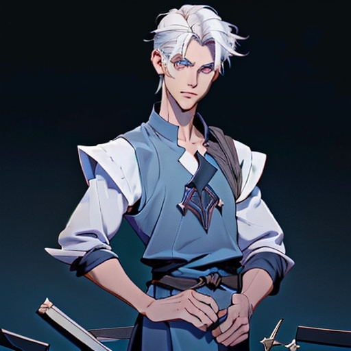 Prompt: Young man with shoulder length white hair. He has a dark blue tunic with runes on collar of shirt. rolled up sleeves. 