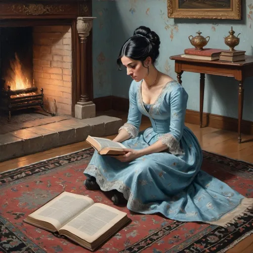 Prompt: Victorian painting of a woman sitting on a the ground on a Turkish carpet. She is looking at 3 open books, scattered on the floor. She is wearing a light blue brocade dress with black hair in a chignon. Apparent brush strokes. We can see a fireplace.  
