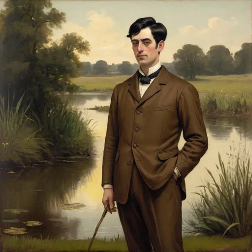 Prompt: Victorian painting of a man standing next to a pond. He is wearing a brown wool suit and has short black hair. Apparent brush strokes. We can see a yellow a malard on the water..