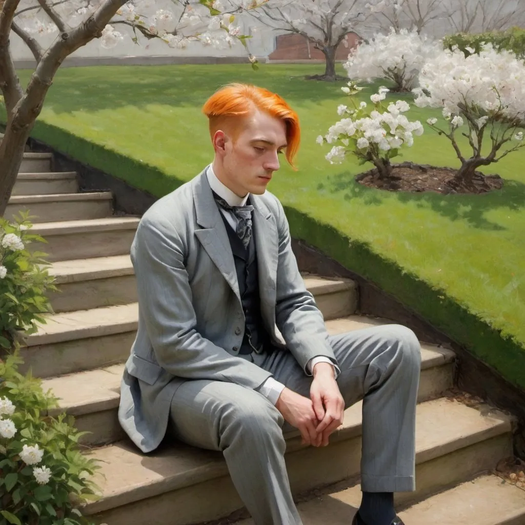 Prompt: Victorian painting of a man sitting on stairs, in an garden. He is wearing a Grey suit his orange hair is sleeked back. Apparent brush strokes. We can see a cherry tree in bloom.