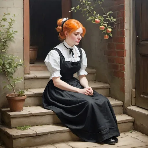 Prompt: Victorian painting of a maid sitting on stairs, in an alley. She is wearing a black linen dress with an apron and her orange hair in a chignon. Apparent brush strokes. We can see a small apple tree in bloom.