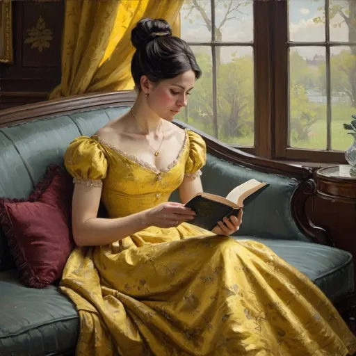Prompt: Victorian painting of a woman sitting on a sofa, reading a small book. She is wearing a yellow brocade dress with dark hair in a chignon. Apparent brush strokes. We can see though the window a tree. 