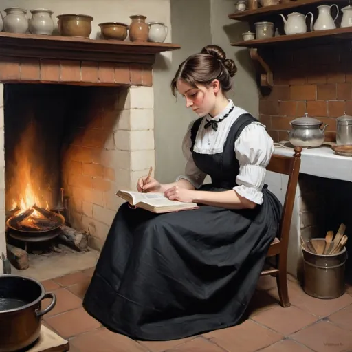 Prompt: Victorian painting of a maid sitting in a kitchen reading a book. She is wearing a black linen dress with an apron and her brown hair in a chignon. Apparent brush strokes. We can see a fireplace with a cauldron.  