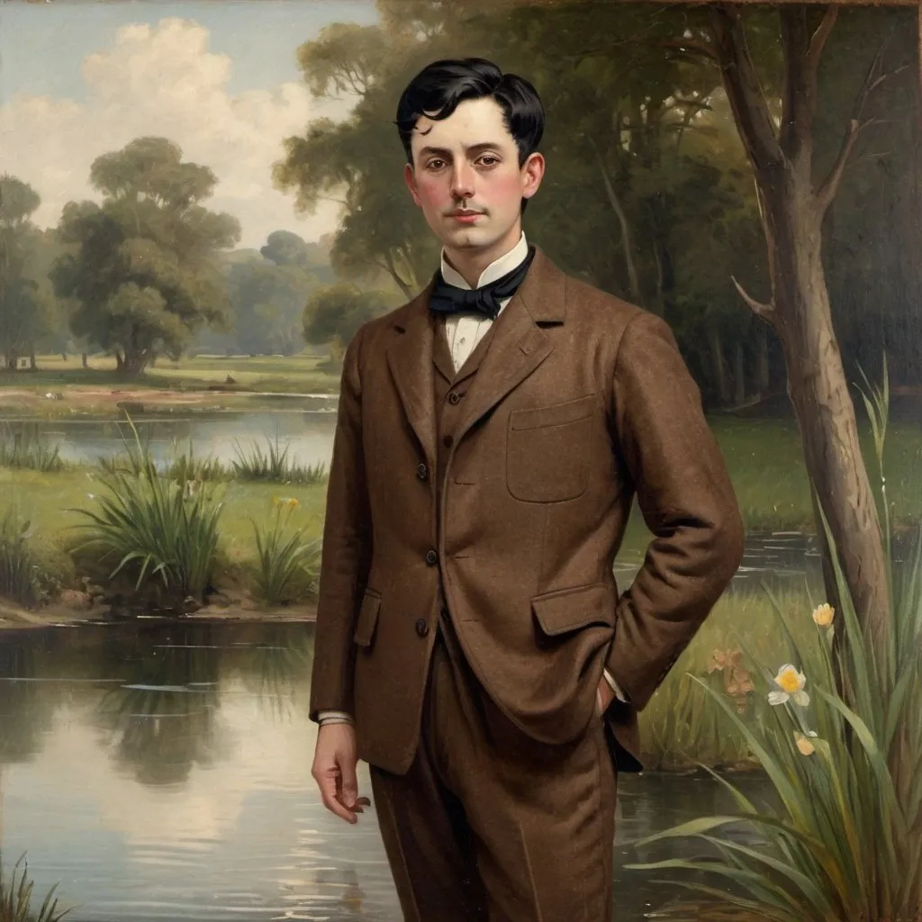 Prompt: Victorian painting of a man standing next to a pond. He is wearing a brown wool suit and has short black hair. Apparent brush strokes. We can see a duck on the water..