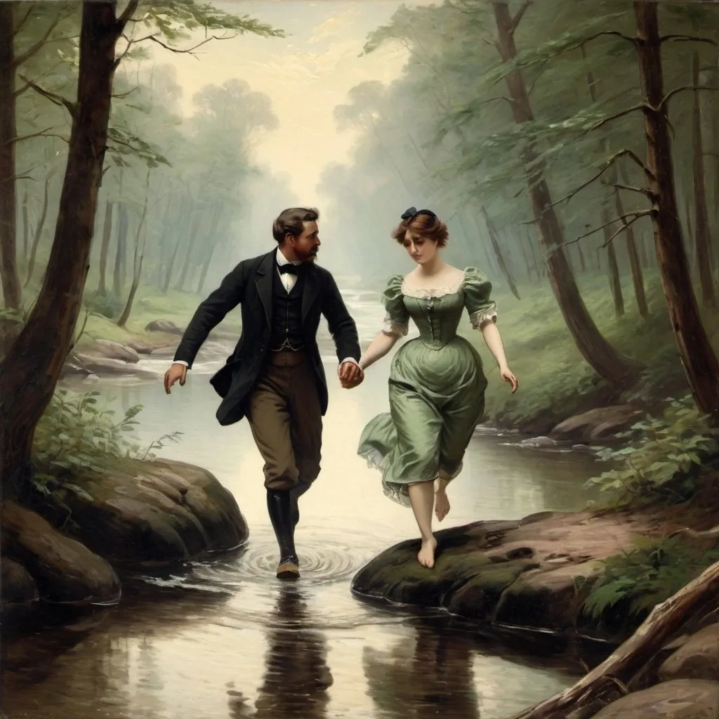 Prompt: Victorian painting of a woman and man in a forest. Apparent brush strokes. They are walking across a stream by jumping on rocks. 