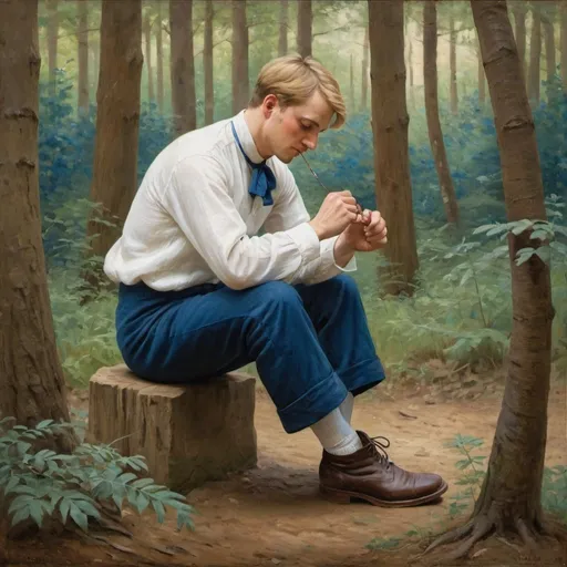 Prompt: Victorian painting of a man in a forest. He is wearing a white linen shirt with blue wool pants and brown boots. He has short blond hair. He is tying his shoelaces. Apparent brush strokes.  