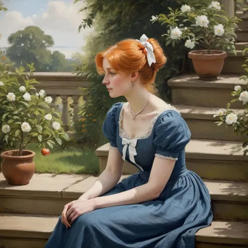 Prompt: Victorian painting of a woman sitting on stairs, in an garden. She is wearing a blue linen dress with a white bow and her orange hair in a chignon. Apparent brush strokes. We can see a small apple tree in bloom.