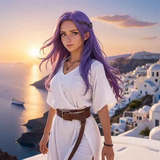 Prompt: Anime-style adventurer woman with long purple hair. She has tanned skin and blue eyes. She is wearing a short white tunic with a belt. She is in Santorini like city near the sea. There is a sunset. 