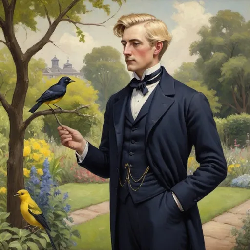 Prompt: Victorian painting of a man standing in a garden. He is wearing a navy wool suit and has short blond hair. He is holding a black top hat in his hands. Apparent brush strokes. We can see a yellow bird in a tree.