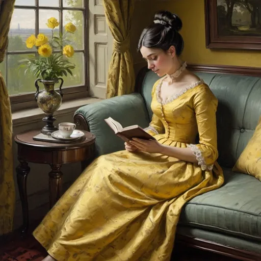 Prompt: Victorian painting of a woman sitting on a sofa, reading a small book. She is wearing a yellow brocade dress with dark hair in a chignon. Apparent brush strokes. We can see though the window a tree. 