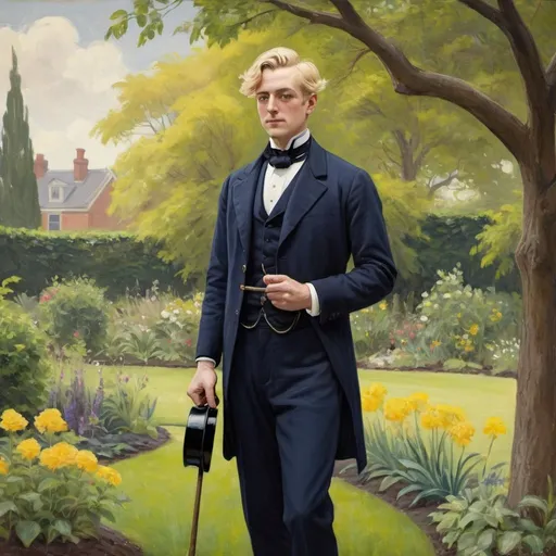 Prompt: Victorian painting of a man standing in a garden. He is wearing a navy wool suit and has short blond hair. He is holding a black top hat in his hands. Apparent brush strokes. We can see a yellow bird in a tree.
