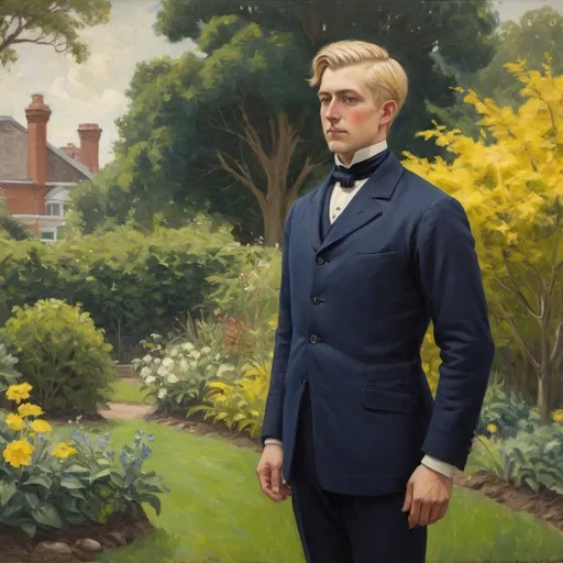 Prompt: Victorian painting of a man standing in a garden. He is wearing a navy wool suit and has short blond hair. Apparent brush strokes. We can see a yellow bird in a tree.