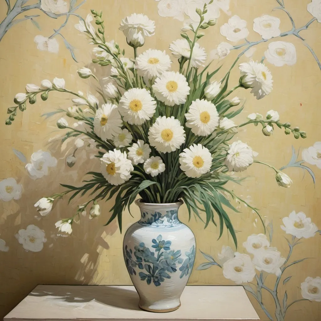 Prompt: Van Gogh-style painting of white flower bouquet in a vase. Apparent brush strokes. Wall has wallpaper with chinoiserie. 