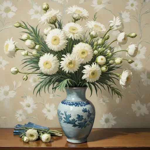 Prompt: Van Gogh-style painting of white flower bouquet in a vase. Apparent brush strokes. Wall has wallpaper with chinoiserie. 