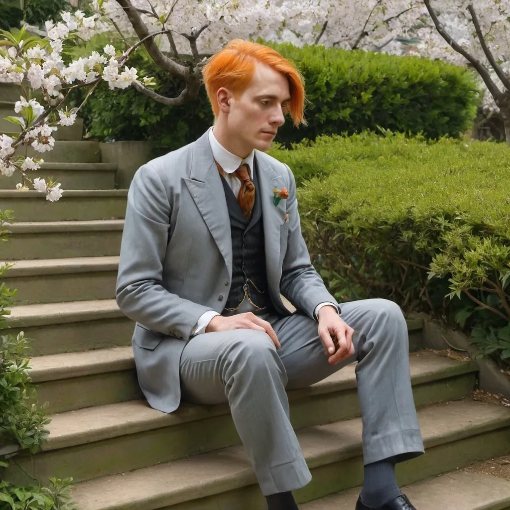 Prompt: Victorian painting of a man sitting on stairs, in an garden. He is wearing a Grey suit his orange hair is sleeked back. Apparent brush strokes. We can see a cherry tree in bloom.