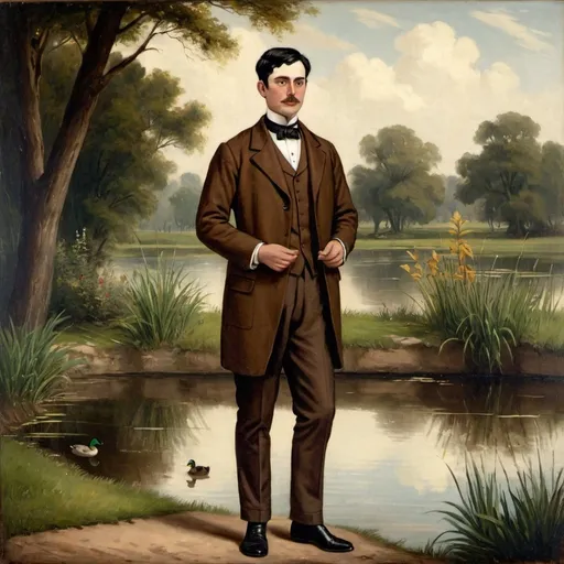 Prompt: Victorian painting of a man standing next to a pond. He is wearing a brown wool suit and has short black hair. Apparent brush strokes. We can see a duck on the water..