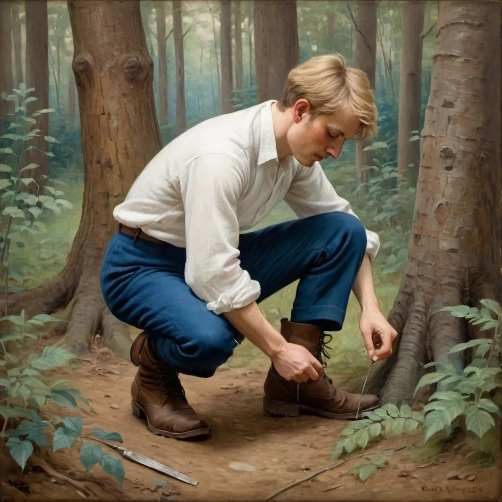 Prompt: Victorian painting of a man in a forest. He is wearing a white linen shirt with blue wool pants and brown boots. He has short blond hair. He is tying his shoelaces. Apparent brush strokes.  