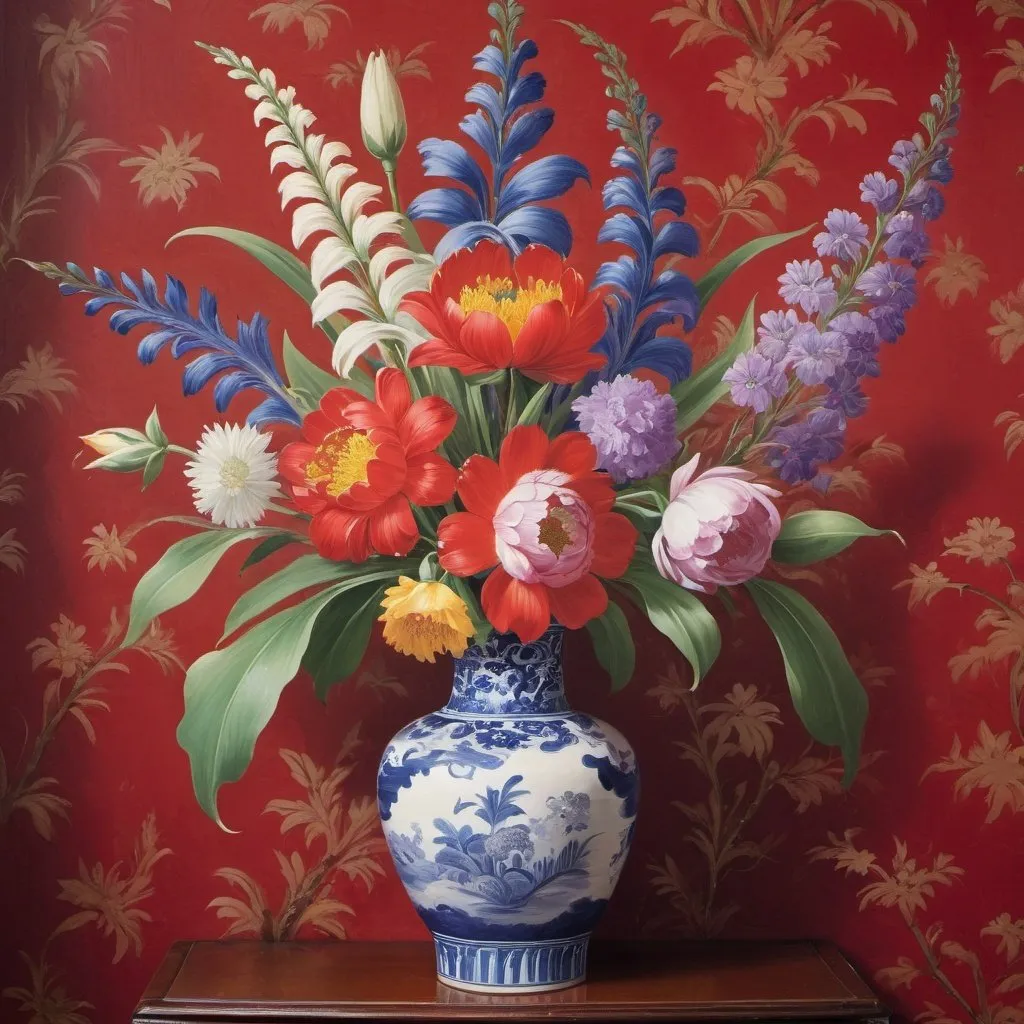 Prompt: Victorian painting of multicolored flower bouquet in a red ming vase. Apparent brush strokes. Wall has wallpaper with violet chinoiserie. 