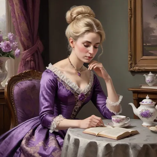 Prompt: Victorian painting of a woman sitting at a lavish table with a cup of tea.  She is looking at a book. She is wearing a purple brocade dress with blonde hair in a chignon. Apparent brush strokes. We can see a door with a white handle with painted flowers on it.