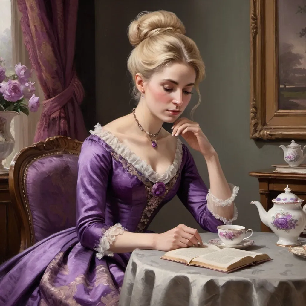 Prompt: Victorian painting of a woman sitting at a lavish table with a cup of tea.  She is looking at a book. She is wearing a purple brocade dress with blonde hair in a chignon. Apparent brush strokes. We can see a door with a white handle with painted flowers on it.