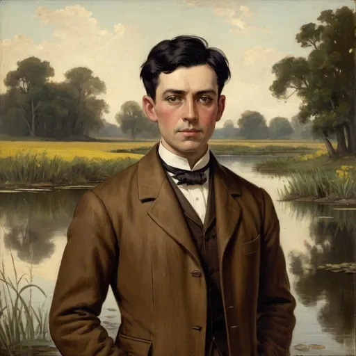 Prompt: Victorian painting of a man standing next to a pond. He is wearing a brown wool suit and has short black hair. Apparent brush strokes. We can see a yellow a malard on the water..