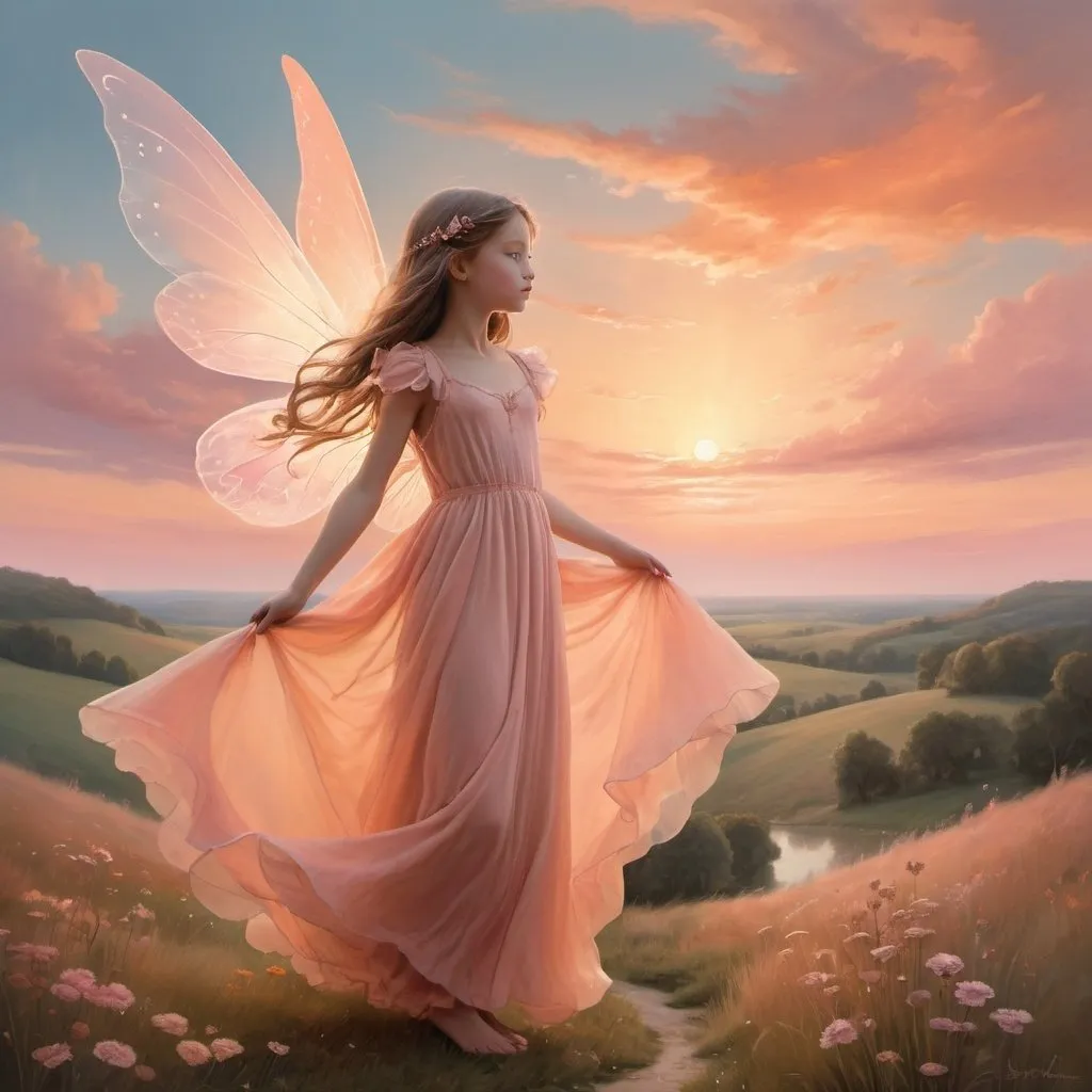 Prompt: A stunning piece of artwork  featuring a whimsical, dream-like scene. A young girl with fairy wings and a romantic, flowing dress.  Soft, wispy clouds fill the sky, and the setting sun casts warm hues of orange and pink on the landscape. The entire scene exudes a sense of tranquility and wonder.