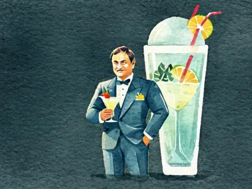 Prompt: Art Deco style Flat illustration of a handsome suave man, drinking a tropical cocktail,