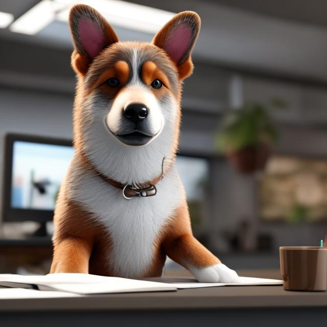 Prompt: an cute Australian Cobber dog sitting at a desk super realistic 8k 