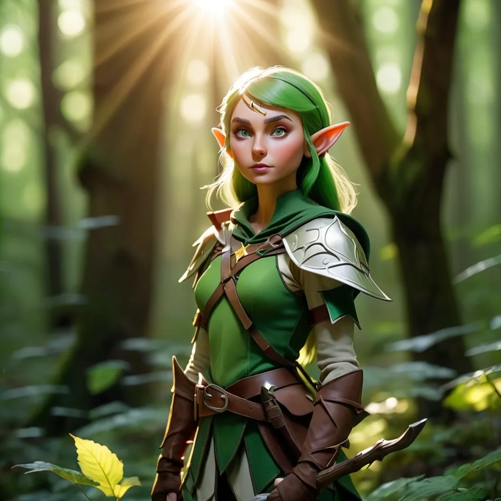 Prompt: Elf ranger in a mystical forest around sunlight