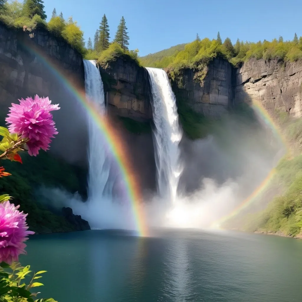 Prompt: You can see the trees scattered across the rocky triangular mountain in front. A waterfall on the side of the mountain, and a lake covered with spray from the waterfall. Strangely beautiful flowers overflow on the lakeside, and you can even catch a glimpse of birds and animals. Blue sky seen from afar. Between the trees on the cliff slope, sunlight reflects on the water mist created by the waterfall, creating a rainbow.