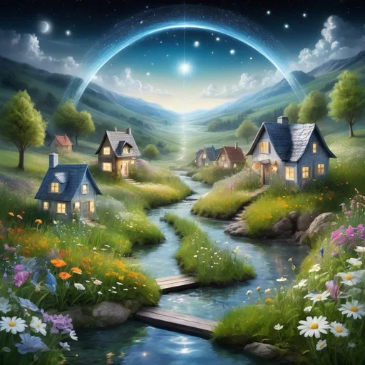 Prompt: (bursting out into the sky a beautiful enigmatic dreamscape consisting of miniature homes in flower meadows, a stream of sparkling silvery water flowing down the hill into the meadow creating an enchanting path of water merging into the sky); dream art concept depicted enchantingly with very minute details, glowing, luminous, glassy