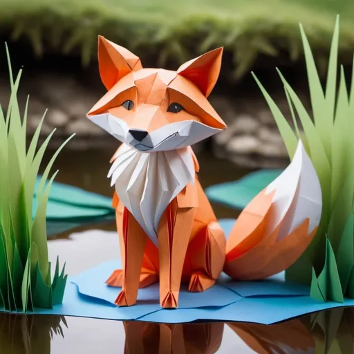 Prompt: A special creation made of paper folds of a cute fox standing by a river with fish looking in his direction, the fox smiles at them and spreads his hands for them to come to him, in the background there is grass and trees, a sweet creation of paper folds.