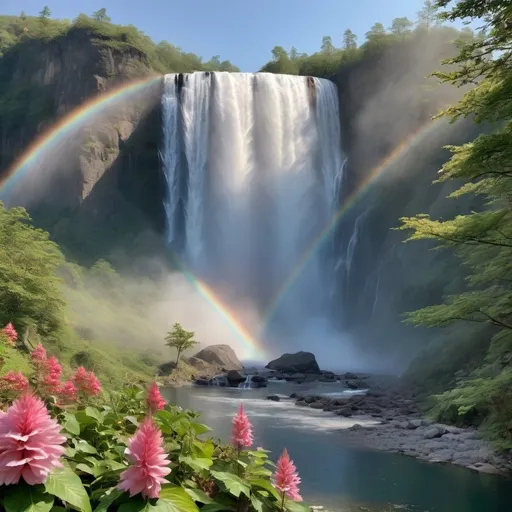 Prompt: You can see the trees scattered across the rocky triangular mountain in front. A waterfall on the side of the mountain, and a lake covered with spray from the waterfall. Strangely beautiful flowers overflow on the lakeside, and you can even catch a glimpse of birds and animals. Blue sky seen from afar. Between the trees on the cliff slope, sunlight reflects on the water mist created by the waterfall, creating a rainbow.