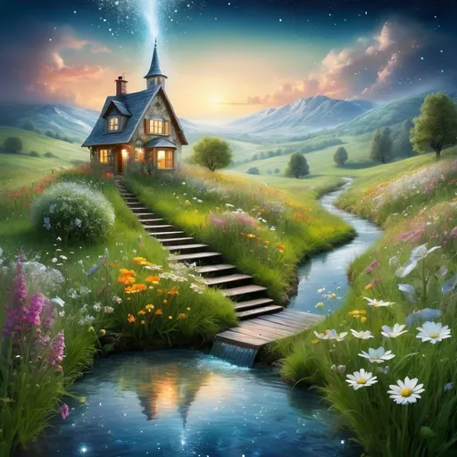 Prompt: (bursting out into the sky a beautiful enigmatic dreamscape consisting of miniature homes in flower meadows, a stream of sparkling silvery water flowing down the hill into the meadow creating an enchanting path of water merging into the sky); dream art concept depicted enchantingly with very minute details, glowing, luminous, glassy